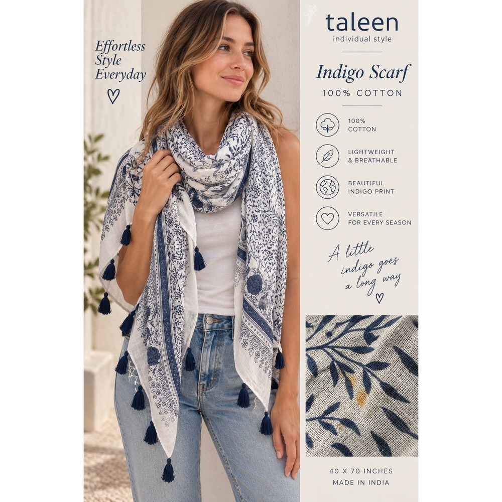 Taleen Individual Style Indigo Scarf 100% Cotton Floral Print Blue Tassels 40x70
